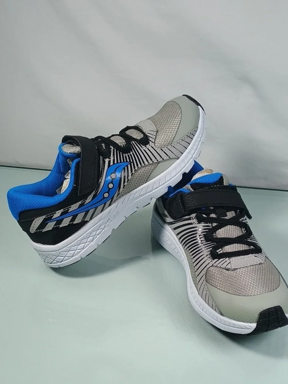 Saucony Gray and Blue Kids Athletic Sneakers with Hook-and-Loop Strap